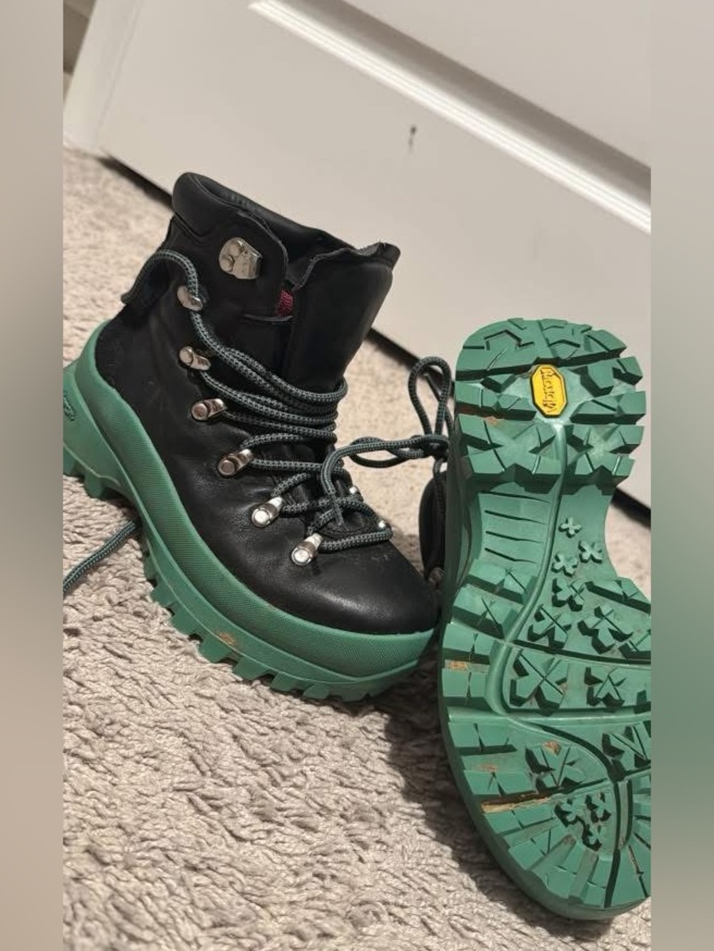 Merrell water proof Black Leather Platform Hiking Boots with Green Soles